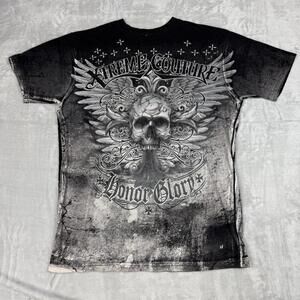 Extreme Couture Y2K Honor Glory Skull Wing Graphic T Shirt Black Size L Grunge